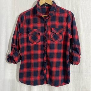 I Joah Flannel Red & Navy Blue Checkered 3/4 Sleeves Button Down Shirt